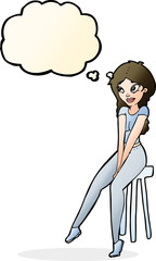 cartoon pretty girl on stool with thought bubble