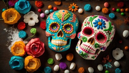 Cinco de Mayo, Colorful candy sugar skulls with flowers, generative ai