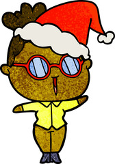 textured cartoon of a woman wearing spectacles wearing santa hat