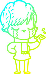 cold gradient line drawing cartoon woman crying