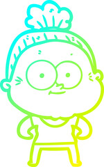 cold gradient line drawing cartoon happy old woman