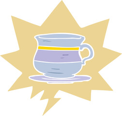 cartoon old tea cup and speech bubble in retro style