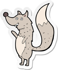sticker of a cartoon waving wolf