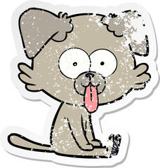 distressed sticker of a cartoon sitting dog with tongue sticking out