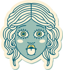 tattoo style sticker of female face sticking out tongue