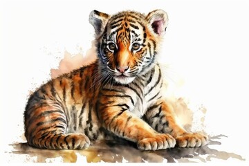 Fototapeta premium Watercolor of a baby tiger or tiger cub on a white background. Animal. Watercolor. Illustration. Generative AI
