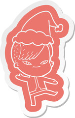 cute cartoon  sticker of a girl with hipster haircut wearing santa hat