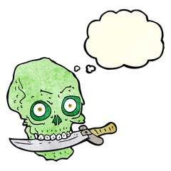 cartoon pirate skull with knife in teeth with thought bubble