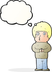cartoon shy boy with thought bubble