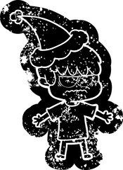 annoyed cartoon distressed icon of a boy wearing santa hat