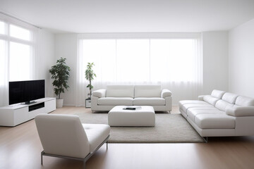 Living room with two large white couch,  armchair and television. Large window, minimalism. Generative AI technology