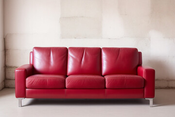 Red leather couch sitting in a room with a gray wall behind, postminimalism. Single leather modern red sofa, front view, studio soft light. Generative AI technology