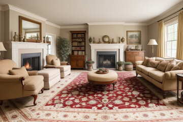 Living room with fireplace and red rug on the floor and plush sofa and armchairs in front of fire place. Walls in warm shade of beige. Generative AI technology. 