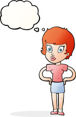 cartoon woman with hands on hips with thought bubble