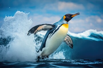 Fototapeta premium Bird flying free in the water. Big King penguins on Falkland Island jump and dance out of the blue water after swimming through the ocean. Scene of wildlife in the wild. The ocean has a funny picture