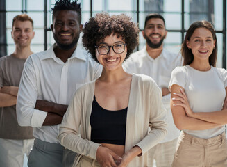 Smiling professional business leaders and employees group team portrait