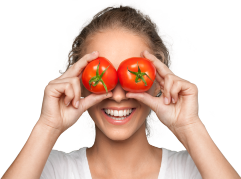 Portrait of a Young Woman Holding Tomatoes over her Eyes - Powered by Adobe