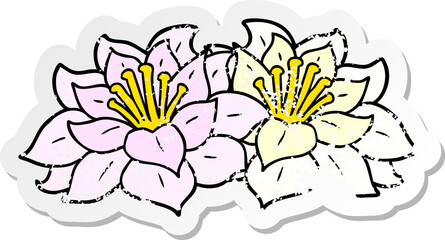 distressed sticker of a cartoon flowers