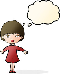 cartoon woman in dress with thought bubble
