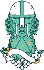 crying orc fighter character face with natural one d20 roll illustration