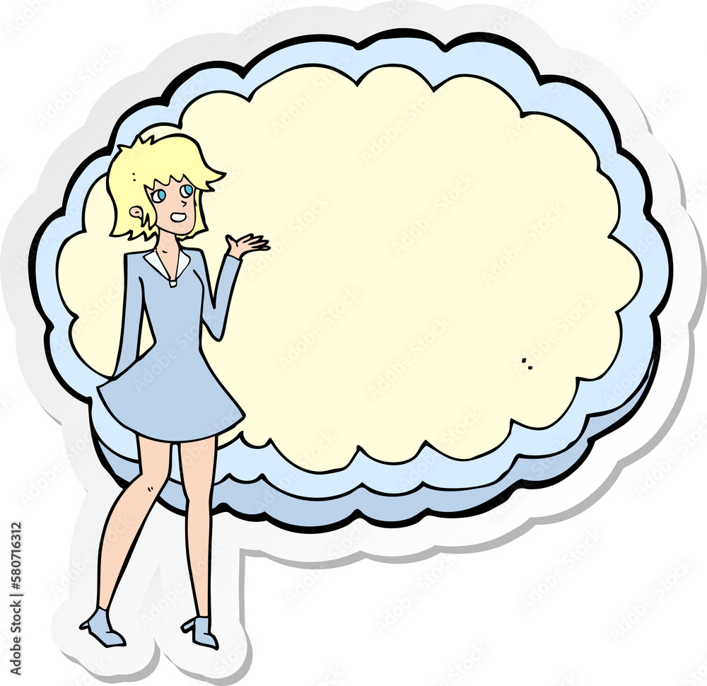 Wall mural sticker of a cartoon friendly woman with cloud text space