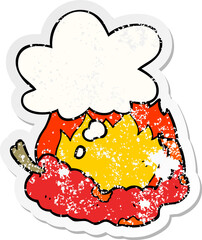 cartoon hot chili pepper and thought bubble as a distressed worn sticker
