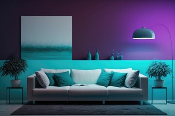 Interior with a couch blue-purple colors blue wall. Generative AI.