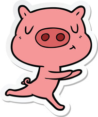sticker of a cartoon content pig running