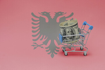 Metal shopping basket with dollar money banknote on the national flag of albania background. consumer basket concept. 3d illustration