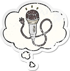 cartoon microphone and thought bubble as a distressed worn sticker