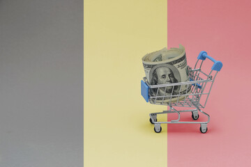 Metal shopping basket with dollar money banknote on the national flag of belgium background. consumer basket concept. 3d illustration