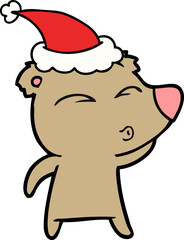 line drawing of a whistling bear wearing santa hat