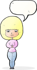 cartoon shy woman with speech bubble