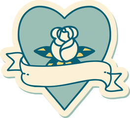 tattoo style sticker of a heart rose and banner