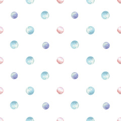 Blue and pink water bubbles on a white background. Watercolor illustration. Seamless pattern, simple, cute from the collection of JELLYFISH AND SEAHORSE. For fabric, wallpaper, packaging paper