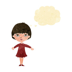 cartoon woman in dress with thought bubble