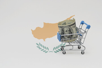 Metal shopping basket with dollar money banknote on the national flag of cyprus background. consumer basket concept. 3d illustration