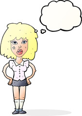 cartoon woman been in fight with thought bubble