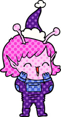comic book style illustration of a alien girl giggling wearing santa hat