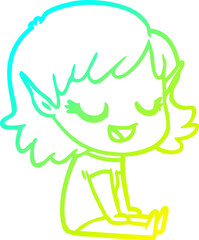 cold gradient line drawing happy cartoon elf girl sitting on floor