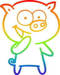 rainbow gradient line drawing laughing pig cartoon