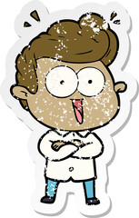 distressed sticker of a cartoon excited man