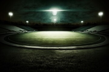 General grass stadium lit by spotlights and open green grass playground.AI technology generated image