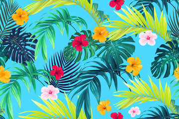 Tropical pattern with green palm leaves and hibiscus flowers. Summer bright blue vector background or textile illustration. - 580717719