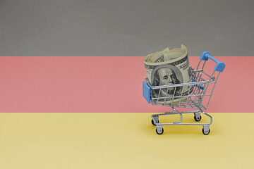 Metal shopping basket with dollar money banknote on the national flag of germany background. consumer basket concept. 3d illustration