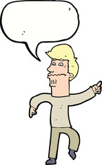 cartoon worried man pointing with speech bubble