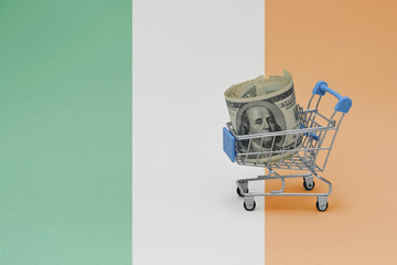 Metal shopping basket with dollar money banknote on the national flag of ireland background. consumer basket concept. 3d illustration
