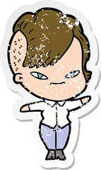 distressed sticker of a cute cartoon girl with hipster haircut