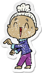 distressed sticker of a cartoon happy old lady