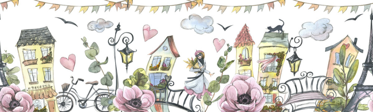 Horizontal banner with houses, Eiffel Tower, Parisian woman, flowers and plants. Watercolor illustration with graphic elements. Seamless pattern from a large set of PARIS. For decoration and design
